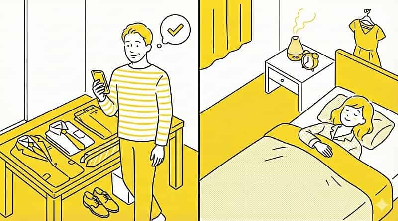 男性は服装や地図を確認し、女性は早めに就寝しているイメージ