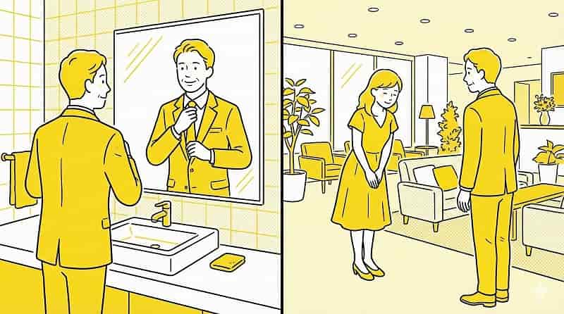 会場で身だしなみを整える男性と、合流して笑顔で挨拶する女性のイメージ