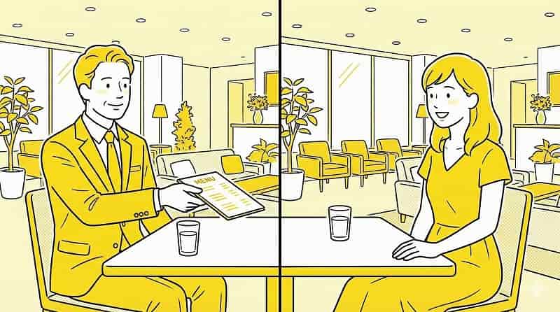 男性がメニューをさっと差し出し、女性が楽しそうに話を聞いているイメージ