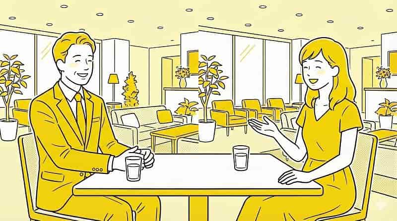 男女がテーブル越しに会話し、相づちやリアクションを取りながら話しているイメージ