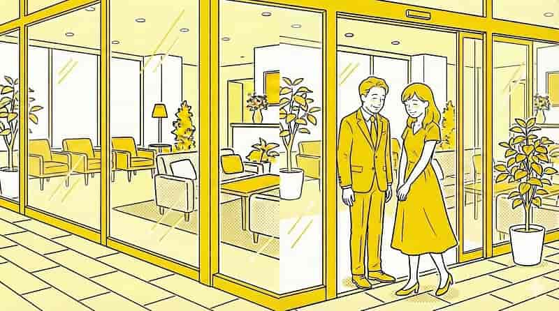 店舗入口で笑顔でお礼を伝え合い、解散する男女のイメージ